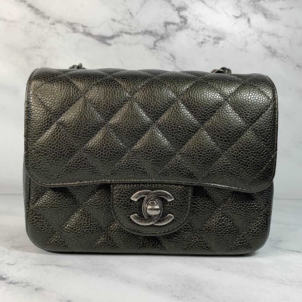 ❌❌ CHANEL 17S Metallic Charcoal Square Classic Caviar Mini Quilt Flap Bag CC RHW - Picture 5 of 17